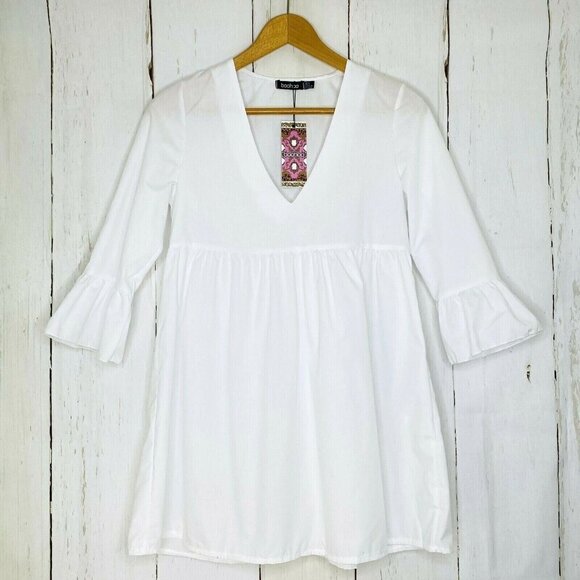 boohoo Women's size 6 Petite V Neck Smock Mini Dress 3/4 Sleeves White NEW - Picture 1 of 8